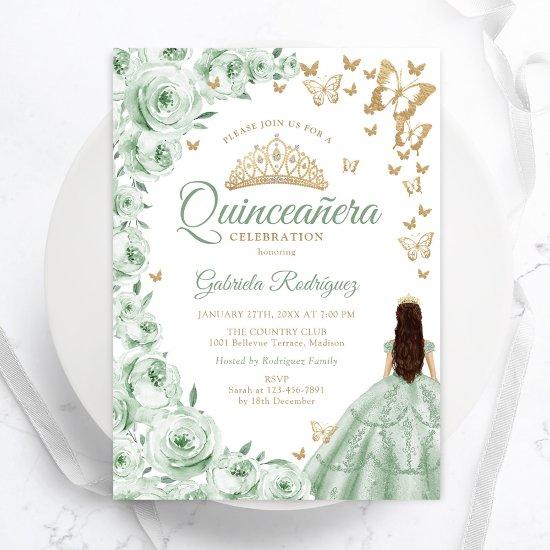 Sage Green Gold Floral Quinceanera