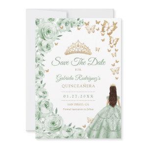 Sage Green Gold Floral Quinceanera Save The Date