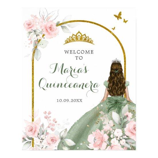 Sage Green Gold Princess Quinceanera Welcome Poster