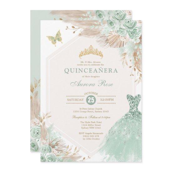Sage Green Gold Quinceañera Boho Floral Birthday
