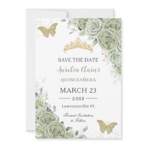 Sage Green Gold Quinceanera Sweet 16 Butterflies Save The Date