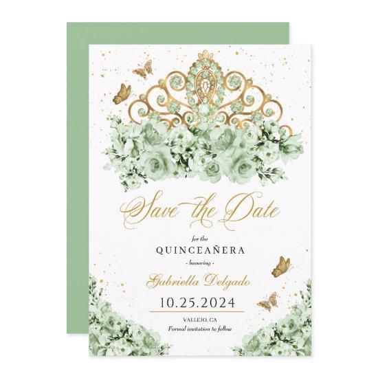 Sage Green & Gold Tiara Save The Date Quinceañera