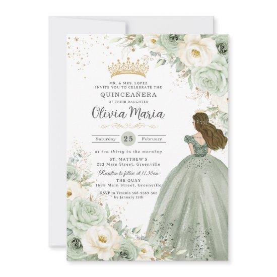 Sage Green Ivory Floral Princess Quinceañera XV 15