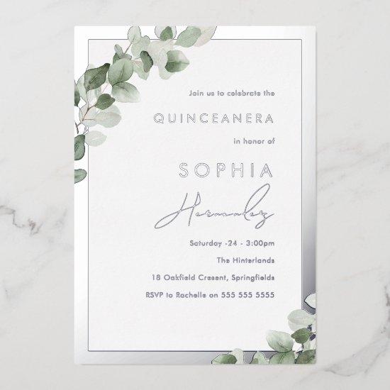 Sage Green Leaf & Silver Elegant Quinceanera Party Foil
