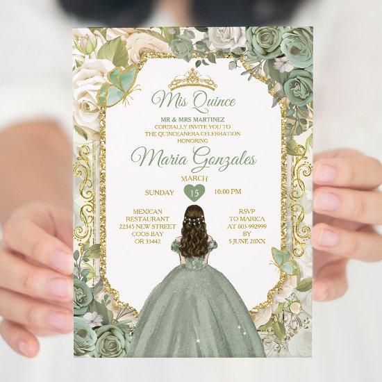 Sage Green Mis Quince 15 Anos Gold Crown Butterfly