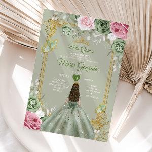 Sage Green Mis Quince 15 Anos Pink Flowers Dresses