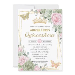 Sage Green Pink Floral Butterflies Quinceañera