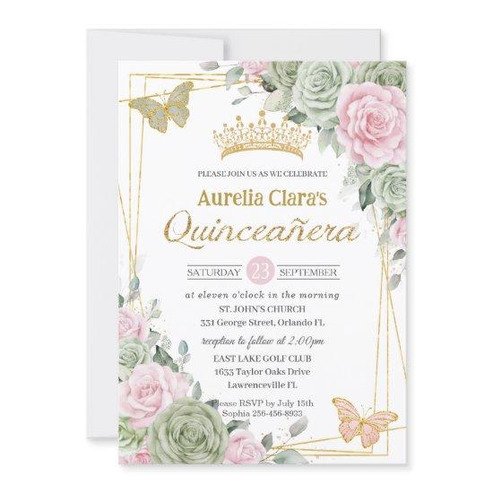 Sage Green Pink Floral Butterflies Quinceañera