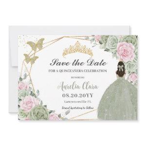 Sage Green Pink Floral Gold Quinceanera Princess  Save The Date