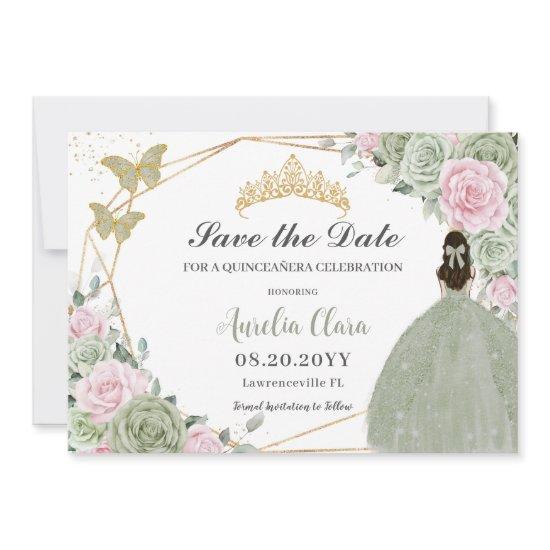 Sage Green Pink Floral Gold Quinceanera Princess  Save The Date