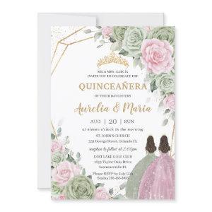 Sage Green Pink Floral Gold Quinceañera Twins