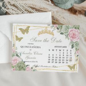 Sage Green Pink Floral Quinceanera 16th Calendar Save The Date