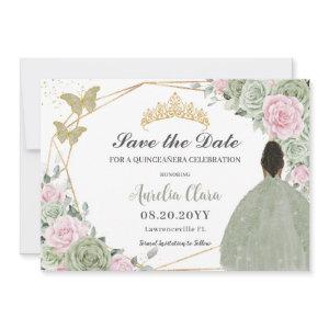 Sage Green Pink Floral Quinceanera Brown Princess  Save The Date
