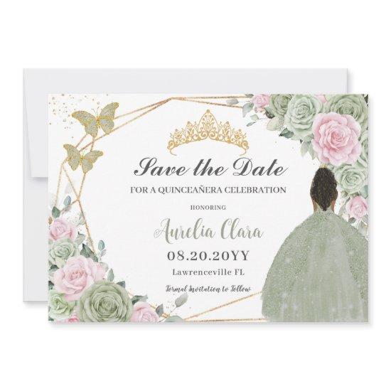 Sage Green Pink Floral Quinceanera Brown Princess  Save The Date
