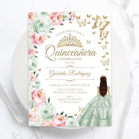 Sage Green Pink Floral Quinceanera
