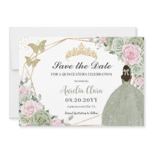 Sage Green Pink Floral Quinceanera Tan Princess  Save The Date