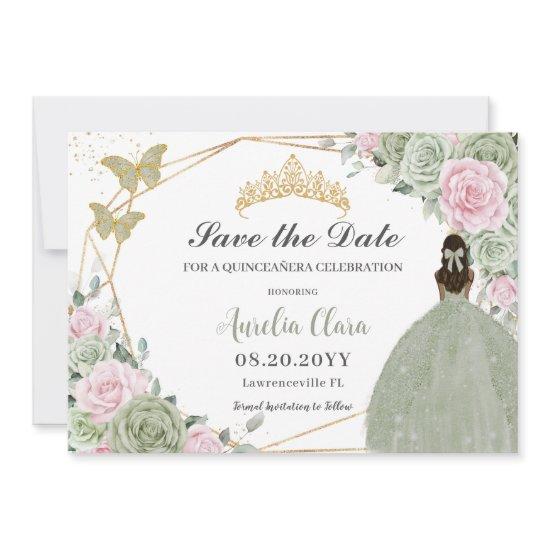 Sage Green Pink Floral Quinceanera Tan Princess  Save The Date