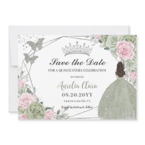Sage Green Pink Floral Silver Quinceanera Princess Save The Date