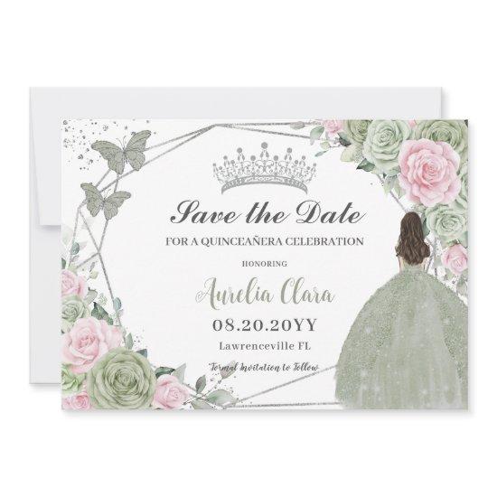 Sage Green Pink Floral Silver Quinceanera Princess Save The Date
