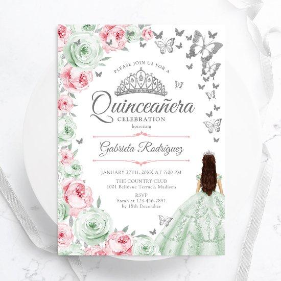 Sage Green Pink Roses Floral Quinceanera