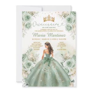 Sage Green Princess Dress Floral Gold Quinceañera