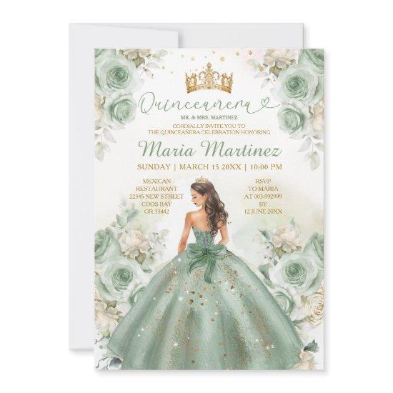 Sage Green Princess Dress Floral Gold Quinceañera