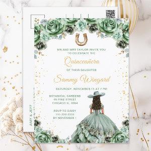 Sage Green Princess Floral Charro Quinceañera Postcard