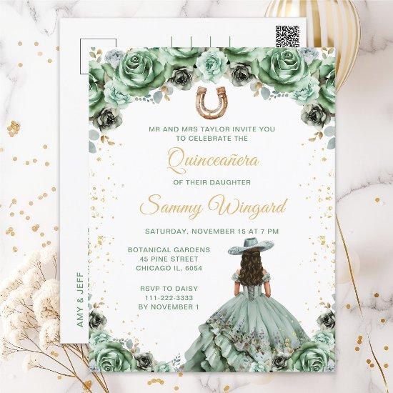 Sage Green Princess Floral Charro Quinceañera Postcard