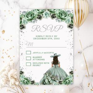Sage Green Princess Floral Charro Quinceañera RSVP Card