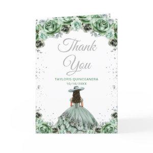 Sage Green Princess Floral Charro Quinceañera Thank You Card