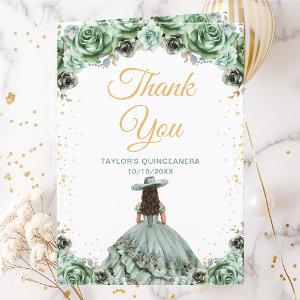 Sage Green Princess Floral Charro Quinceañera Thank You Card