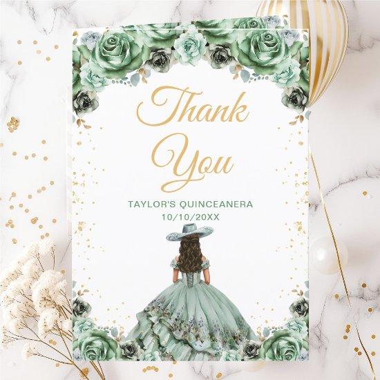 Sage Green Princess Floral Charro Quinceañera Thank You Card