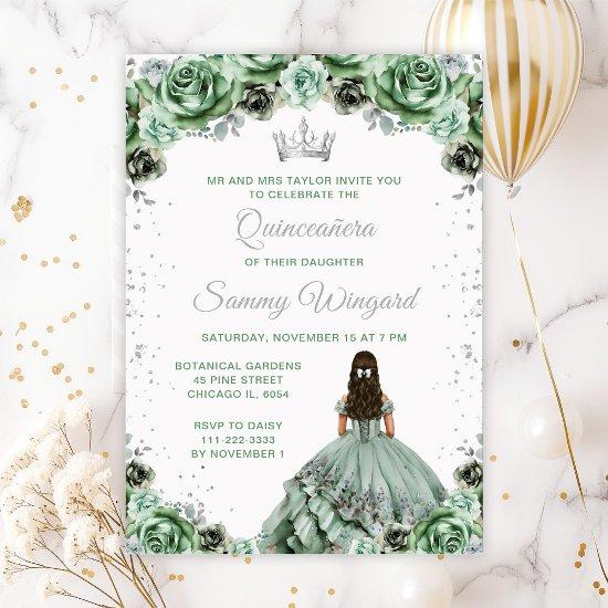 Sage Green Princess Floral Quinceañera