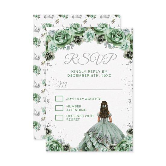 Sage Green Princess Floral Quinceañera RSVP Card