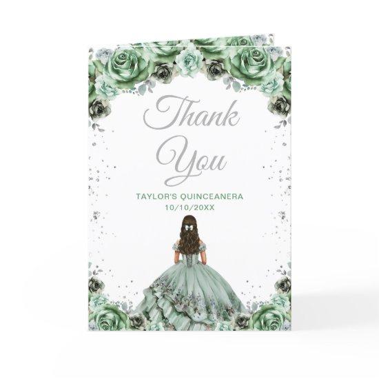 Sage Green Princess Floral Quinceañera Thank You Card