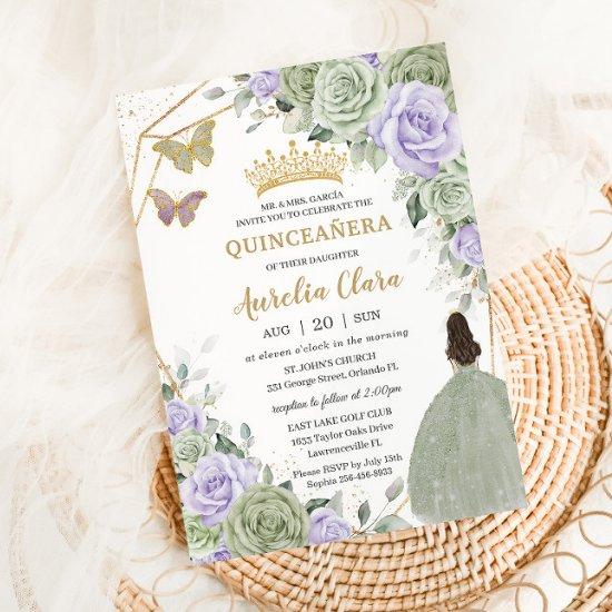 Sage Green Purple Lavender Floral Gold Quinceañera