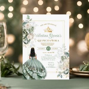 Sage Green Quinceañera 15 Anos Flowers Gold Crown