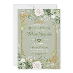 Sage Green Quinceañera Gold Crown Butterfly