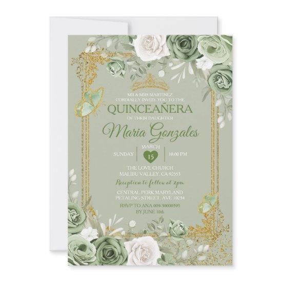 Sage Green Quinceañera Gold Crown Butterfly