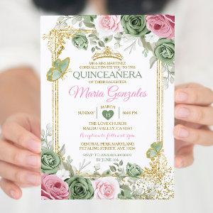Sage Green Quinceañera Pink Gold Crown Butterfly