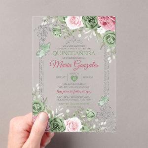 Sage Green Quinceañera Pink Silver Crown Butterfly Acrylic