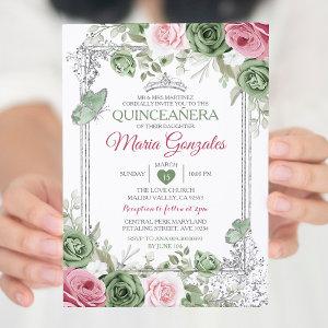 Sage Green Quinceañera Pink Silver Crown Butterfly