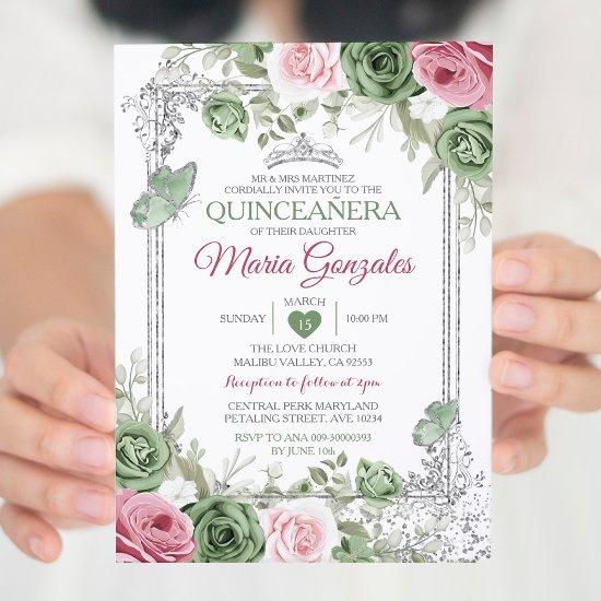 Sage Green Quinceañera Pink Silver Crown Butterfly