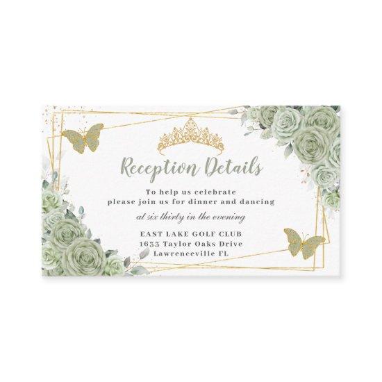 Sage Green Roses Floral Gold Quinceañera Reception Enclosure Card
