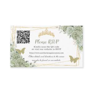 Sage Green Roses Floral Gold Quinceañera RSVP QR  Enclosure Card