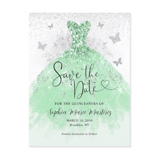 Sage Green Silver Dress Quinceañera Save the Date Postcard