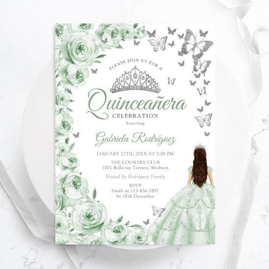 Sage Green Silver Floral Quinceanera