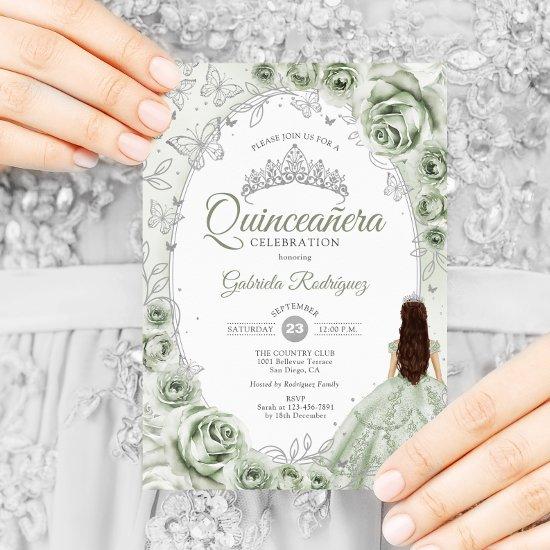 Sage Green Silver Floral Quinceanera