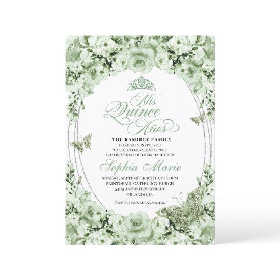 Sage Green Silver Floral Tiara Quinceanera