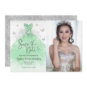 Sage Green Silver Glitter Dress Quinceañera Photo Save The Date